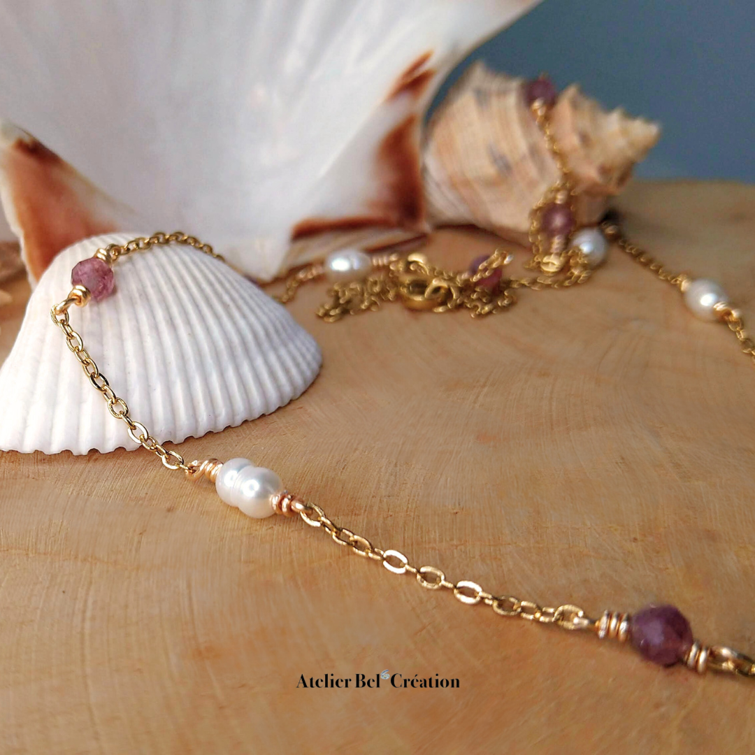 Pearl necklace and sun pendant - Pink "Amalys"