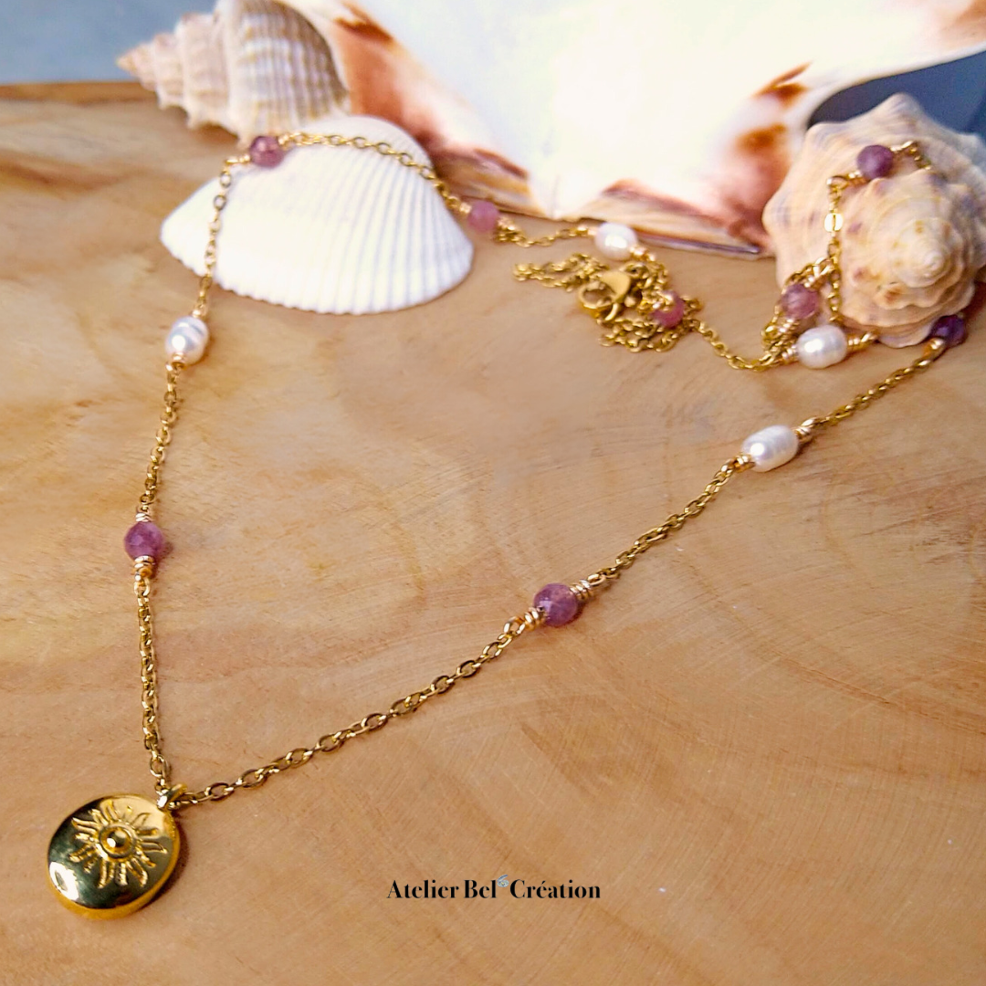 Pearl necklace and sun pendant - Pink "Amalys"