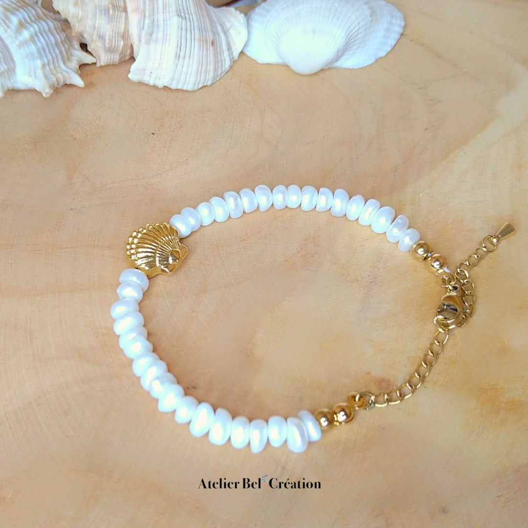 Bracelet coquillage, perles eau douce « Delphine »