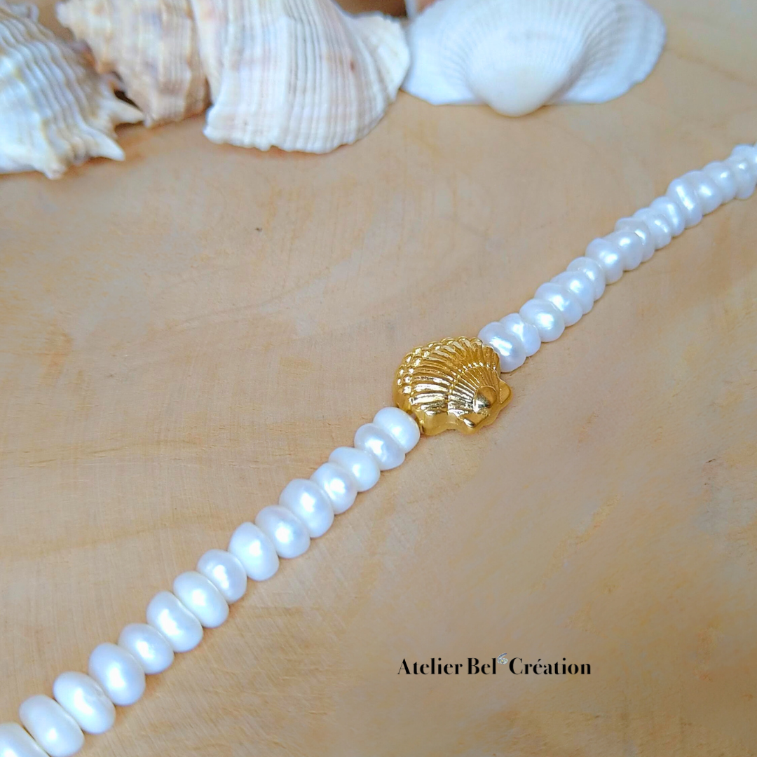 Bracelet coquillage, perles eau douce « Delphine »