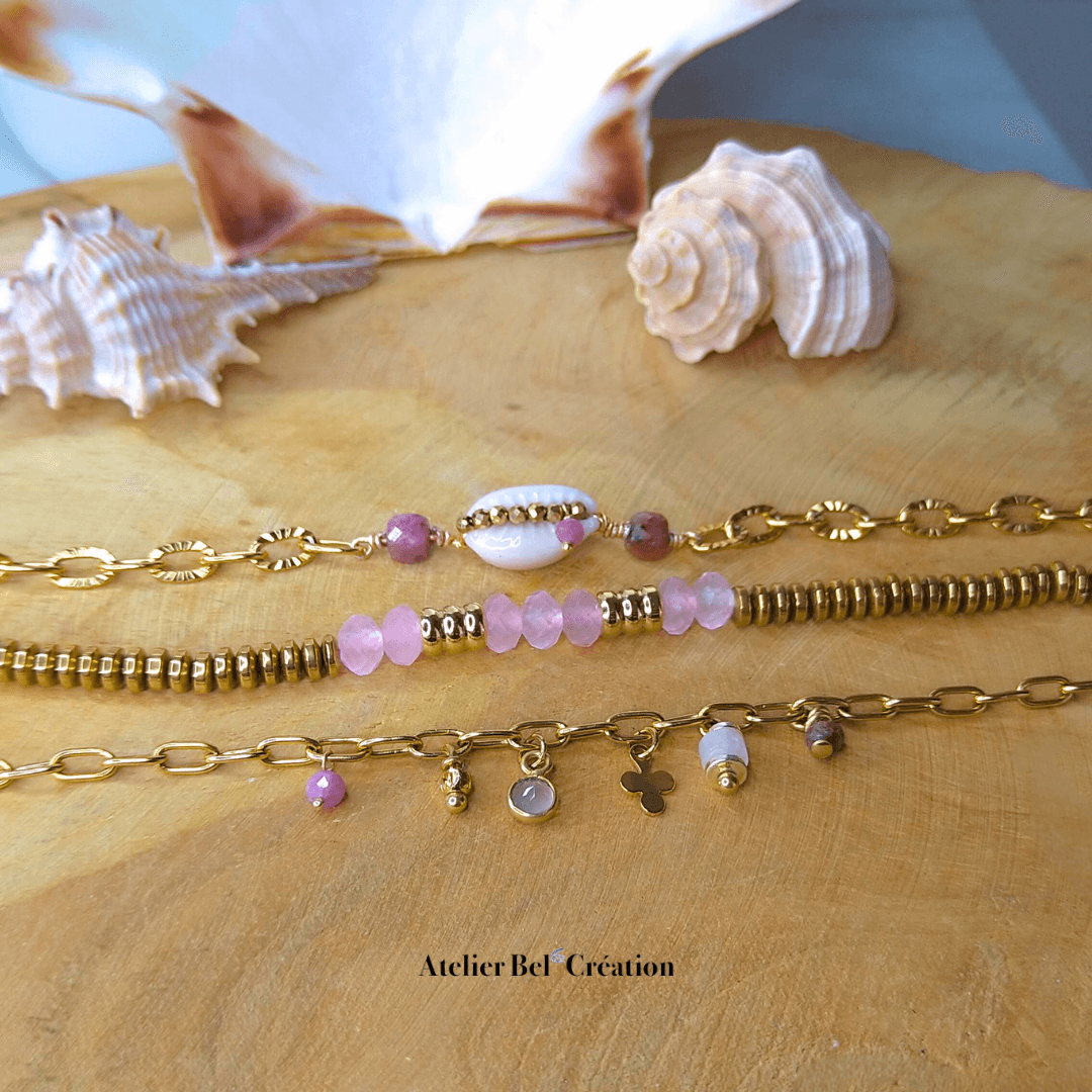 Bracelet Coquillage et Pierre naturelle Rhodochrosite « Lou » - Atelier Bel’Création