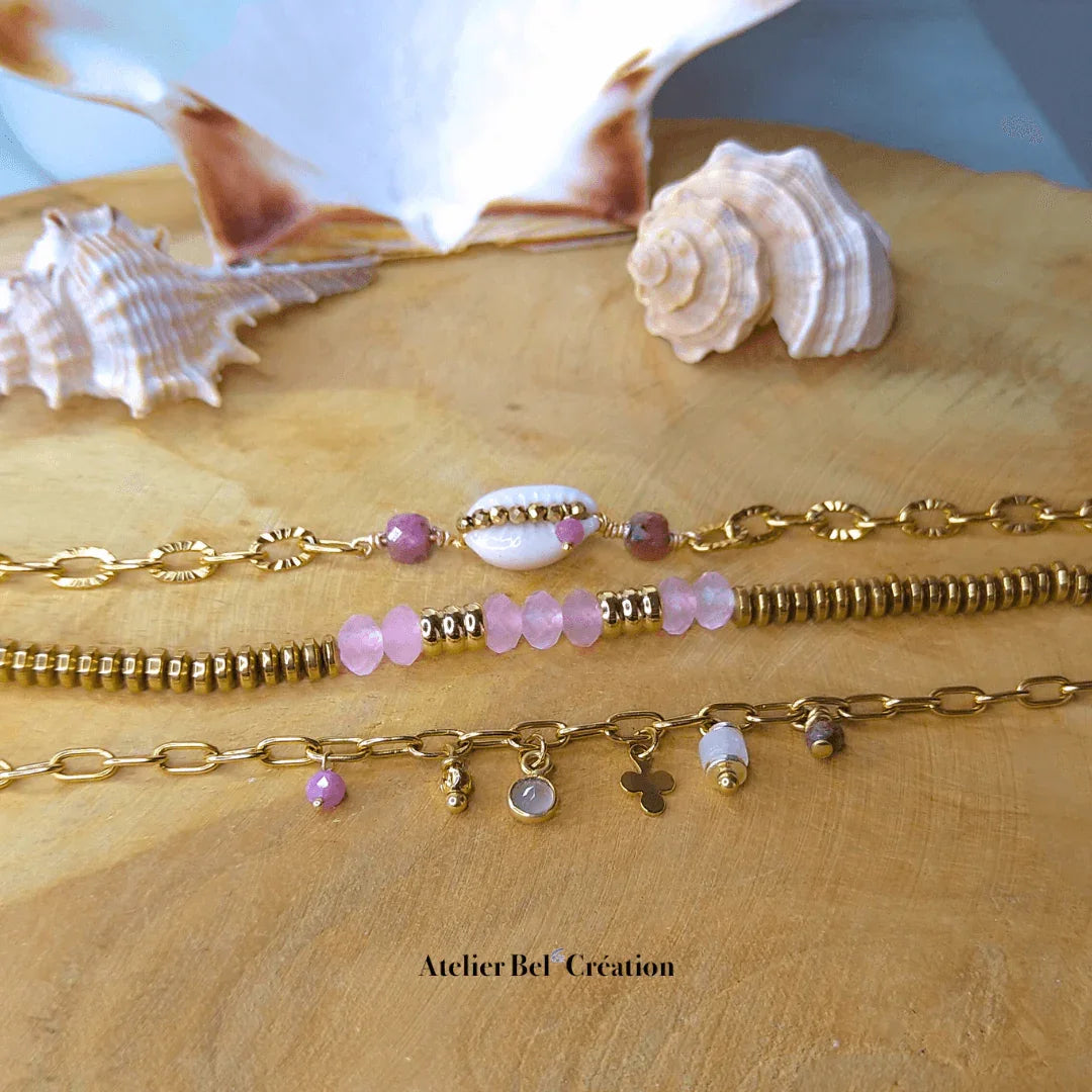 Bracelet Coquillage et Pierre naturelle Rhodochrosite « Lou » - Atelier Bel’Création