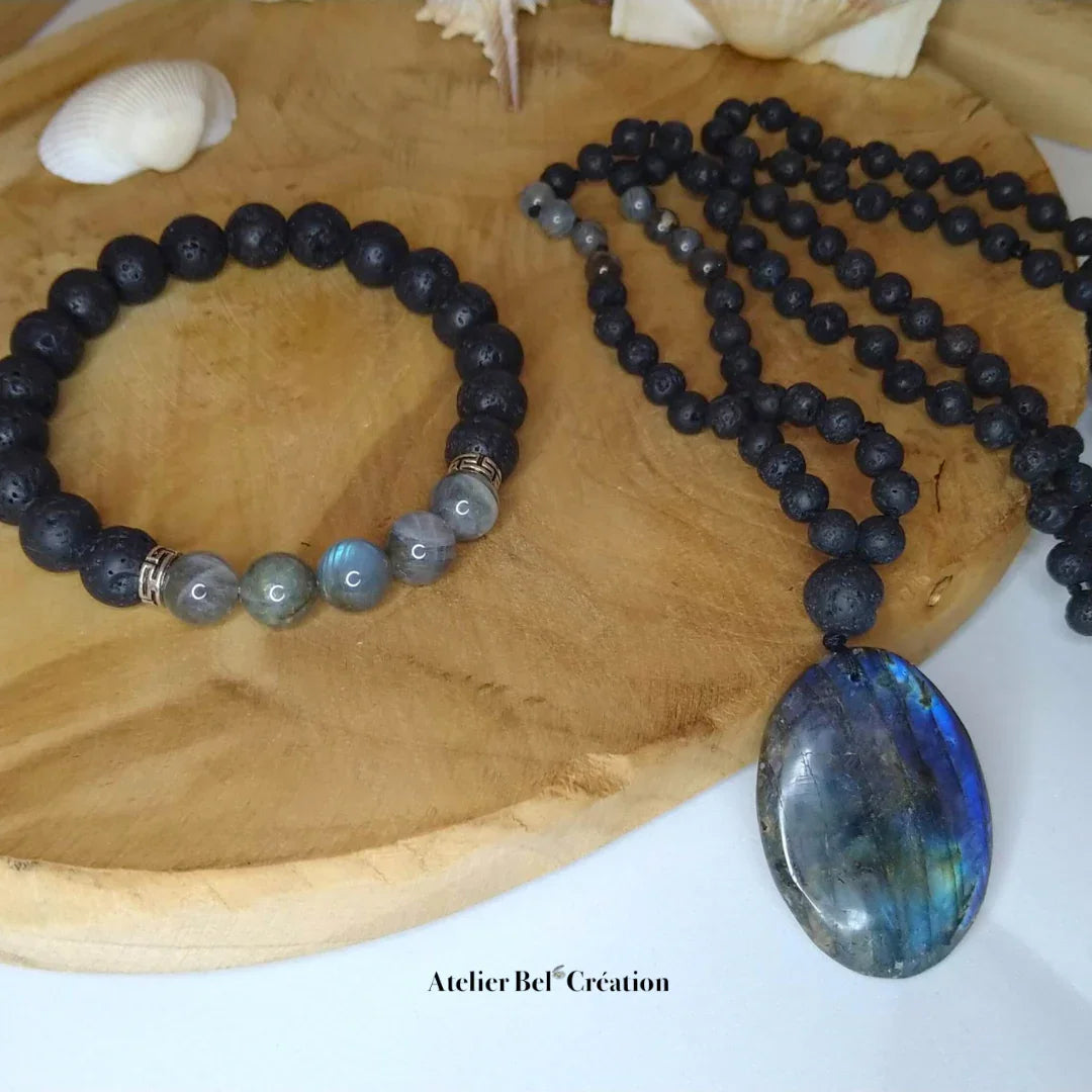 Collier et bracelet en pierres naturelles labradorite et lave, Atelier Bel’Création
