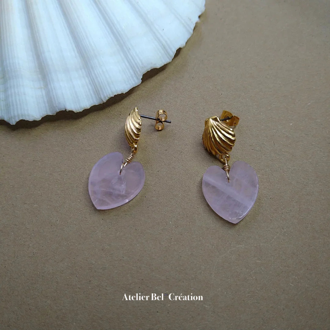 Boucles d'oreilles cœur en quartz rose doré, Atelier Bel’Création
