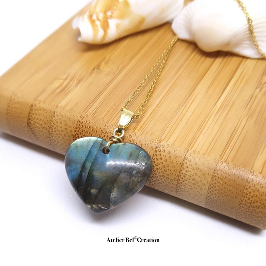 Heart Necklace | Moonstone, labradorite, pink Quartz, golden stainless steel, natural stones, stone heart pendant