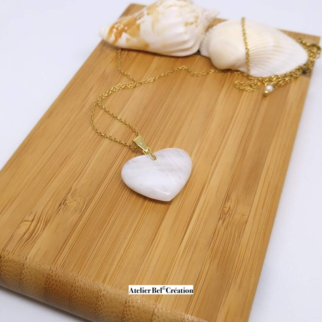 Heart Necklace | Moonstone, labradorite, pink Quartz, golden stainless steel, natural stones, stone heart pendant
