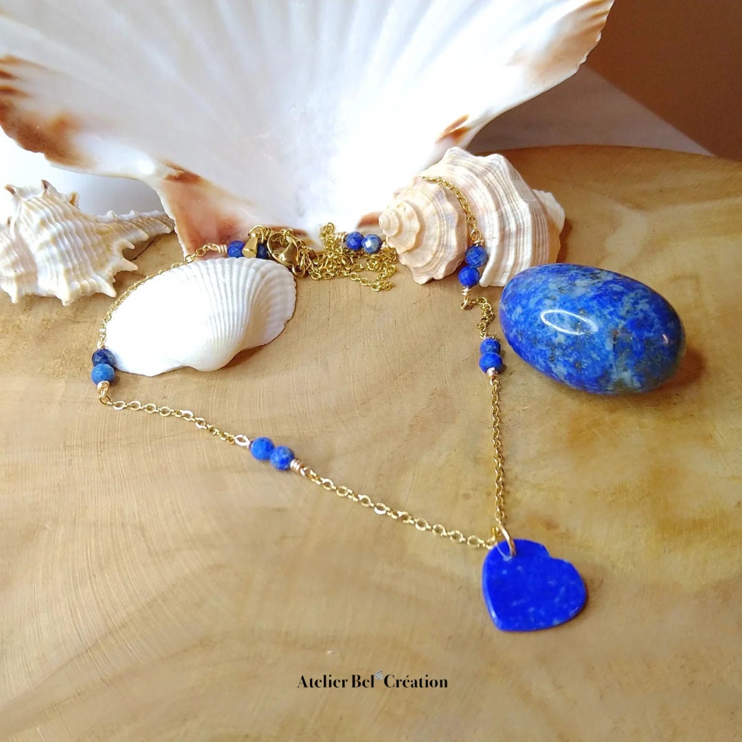 Heart Necklaces, gemstone beaded necklace, amazonite, lapis-lazuli, orange moonstone gemstones