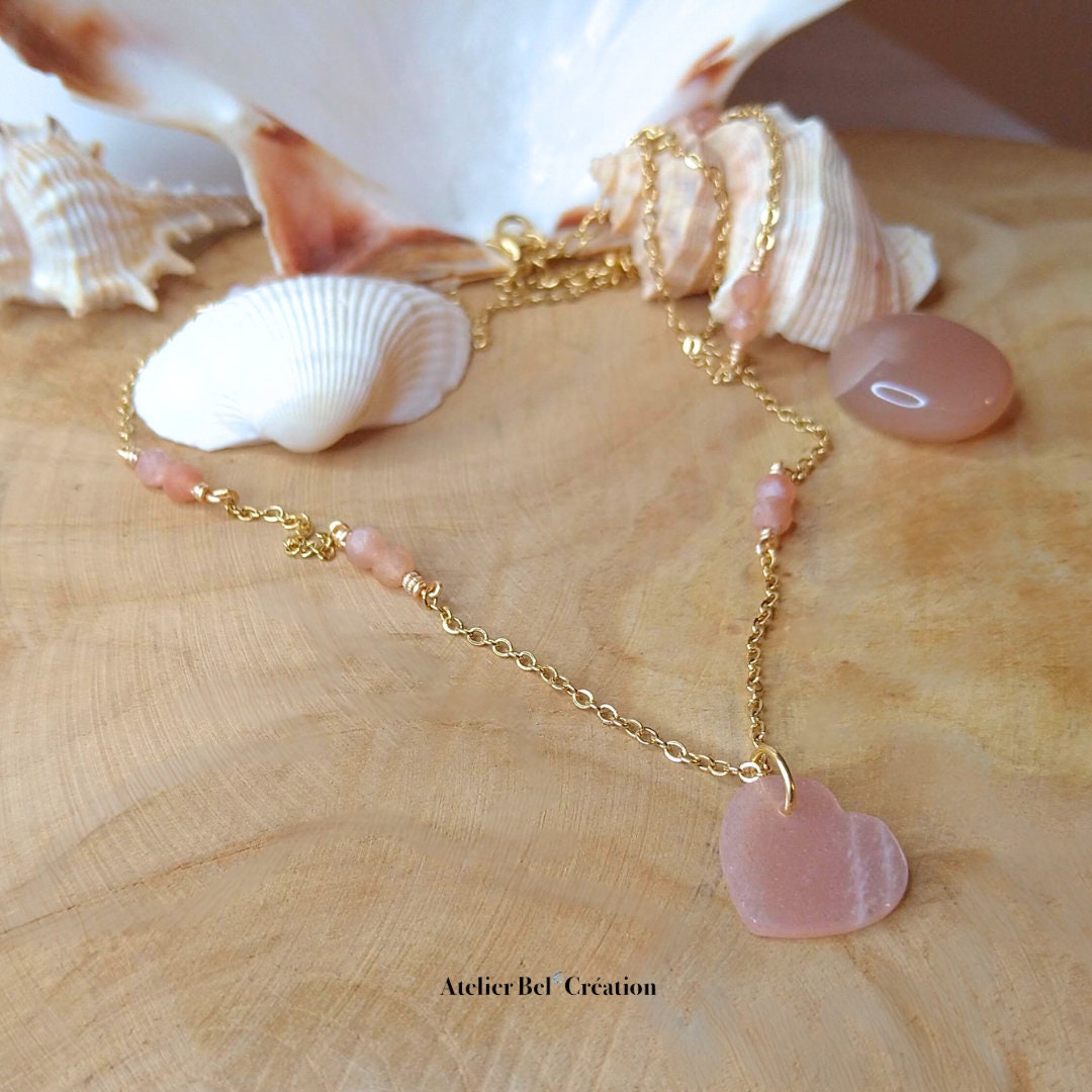 Heart Necklaces, gemstone beaded necklace, amazonite, lapis-lazuli, orange moonstone gemstones