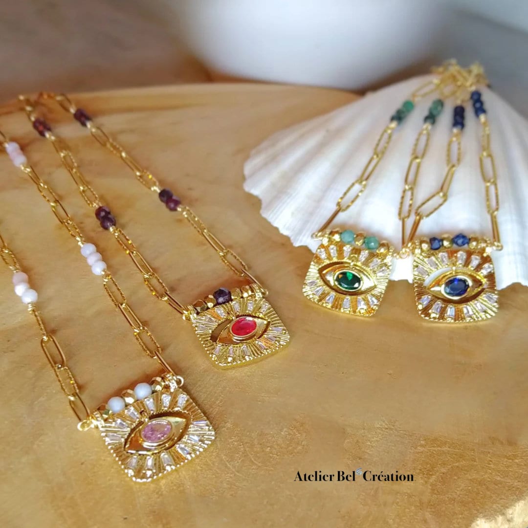 Evil eye protection Necklace with natural stone | Grenat, Opal, Sapphire or Emerald - large link chain, golden stainless steel chain