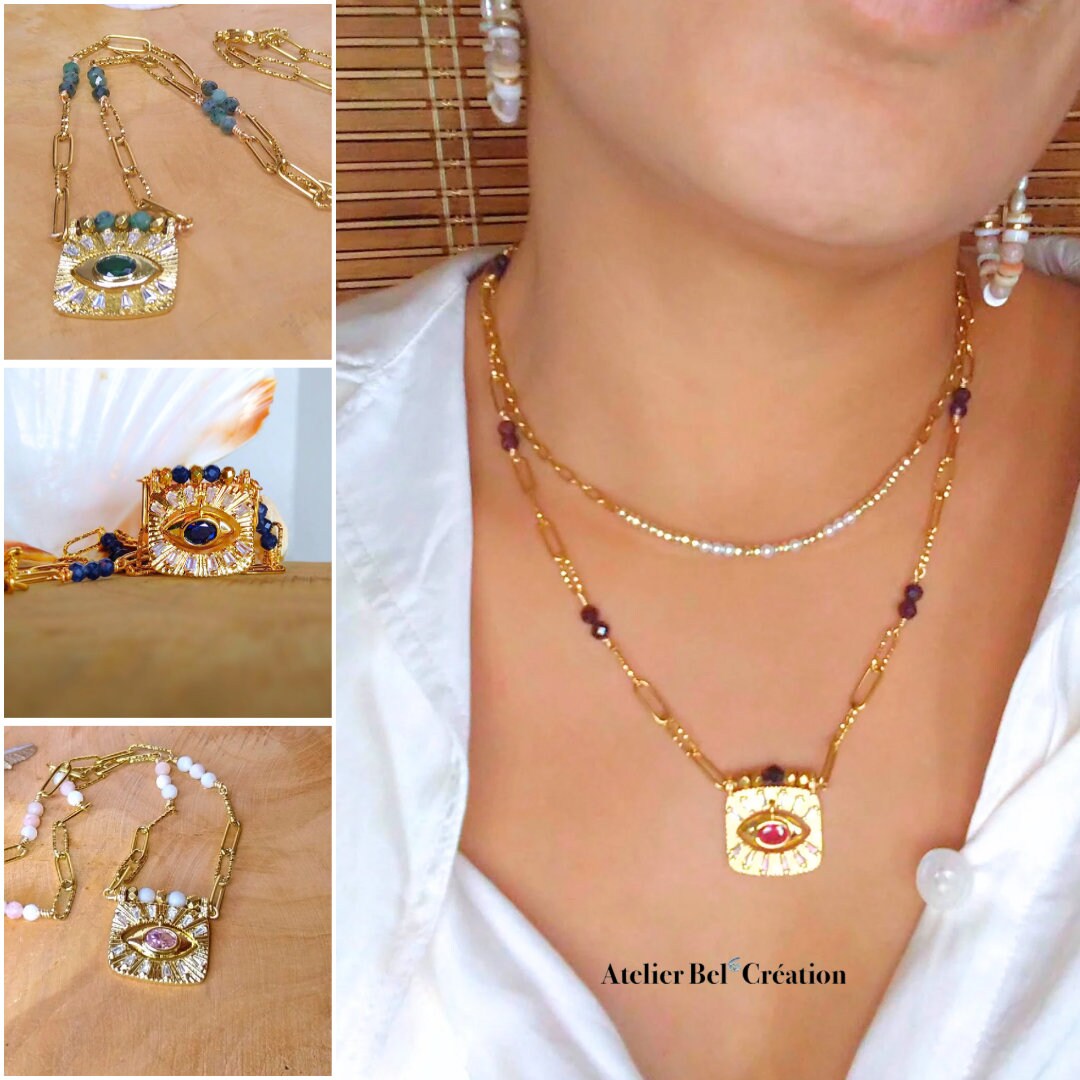 Evil eye protection Necklace with natural stone | Grenat, Opal, Sapphire or Emerald - large link chain, golden stainless steel chain