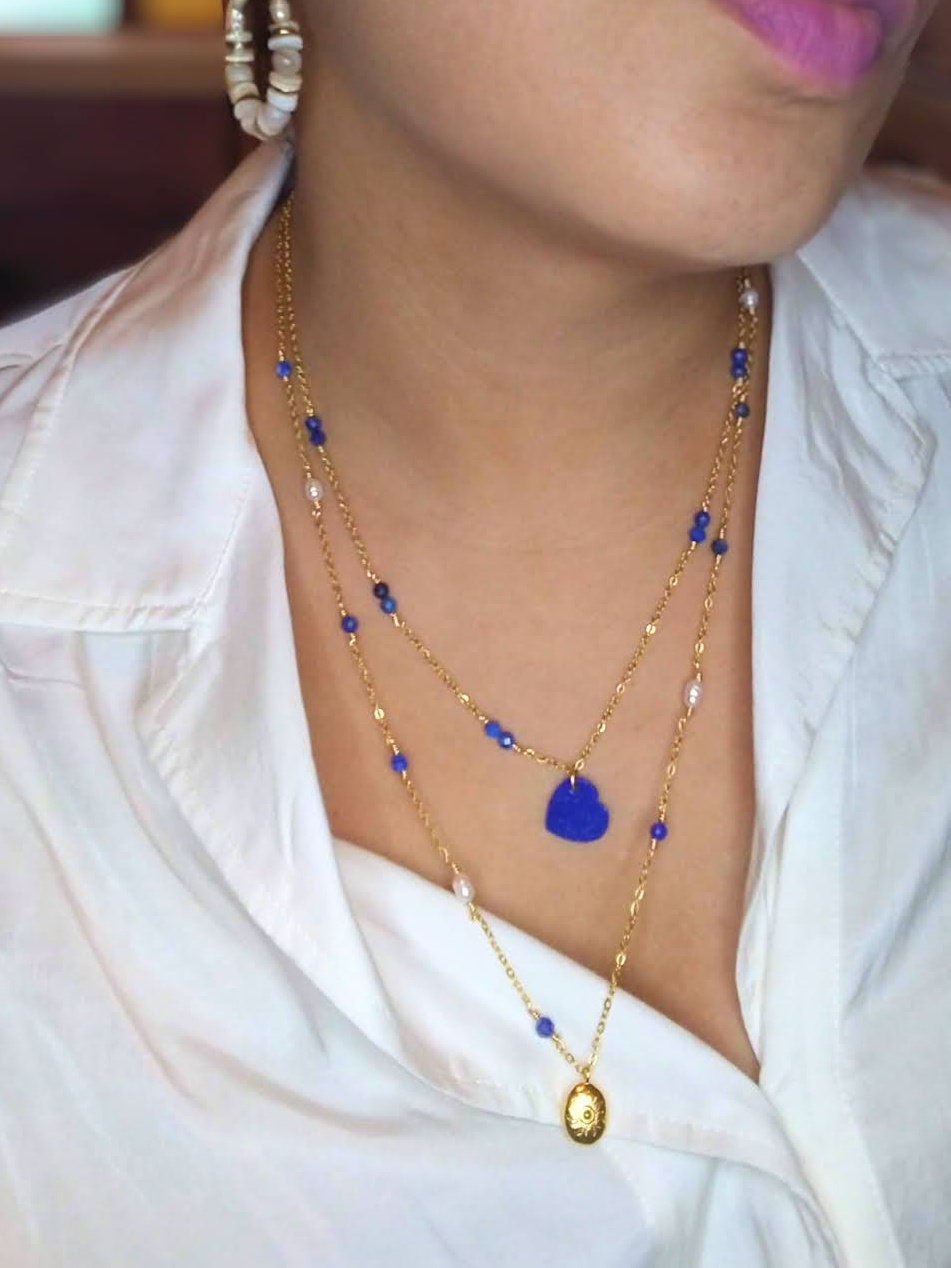 Heart Necklaces, gemstone beaded necklace, amazonite, lapis-lazuli, orange moonstone gemstones