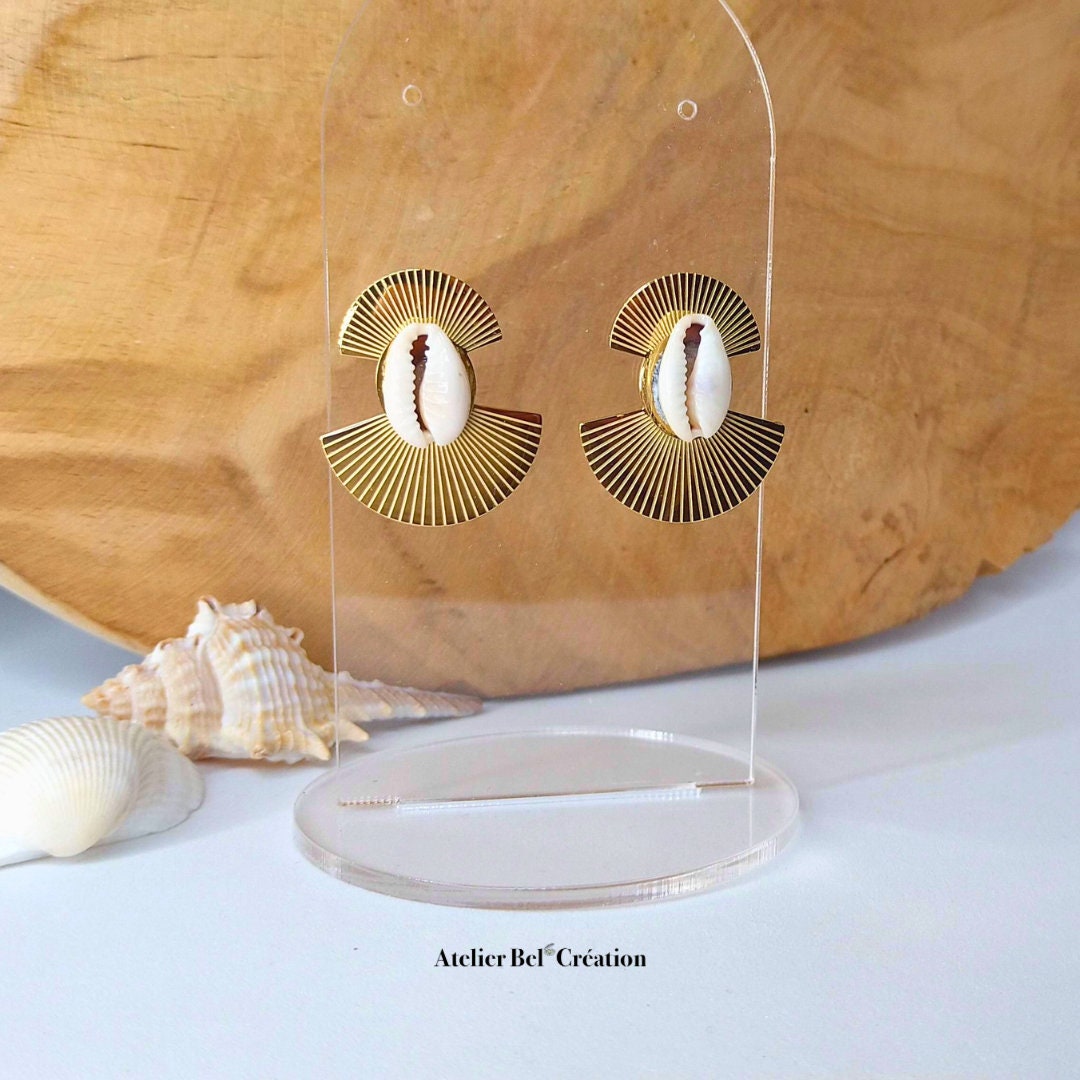 Earrings cowrie shell | golden stainless steel, stud earrings, natural shell
