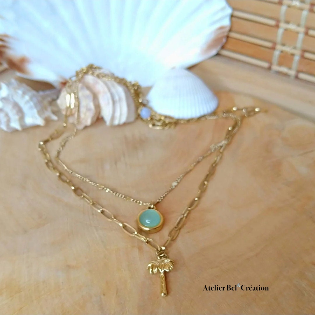 Blue necklace | golden stainless Stell Chain, blue opal, chalcedony