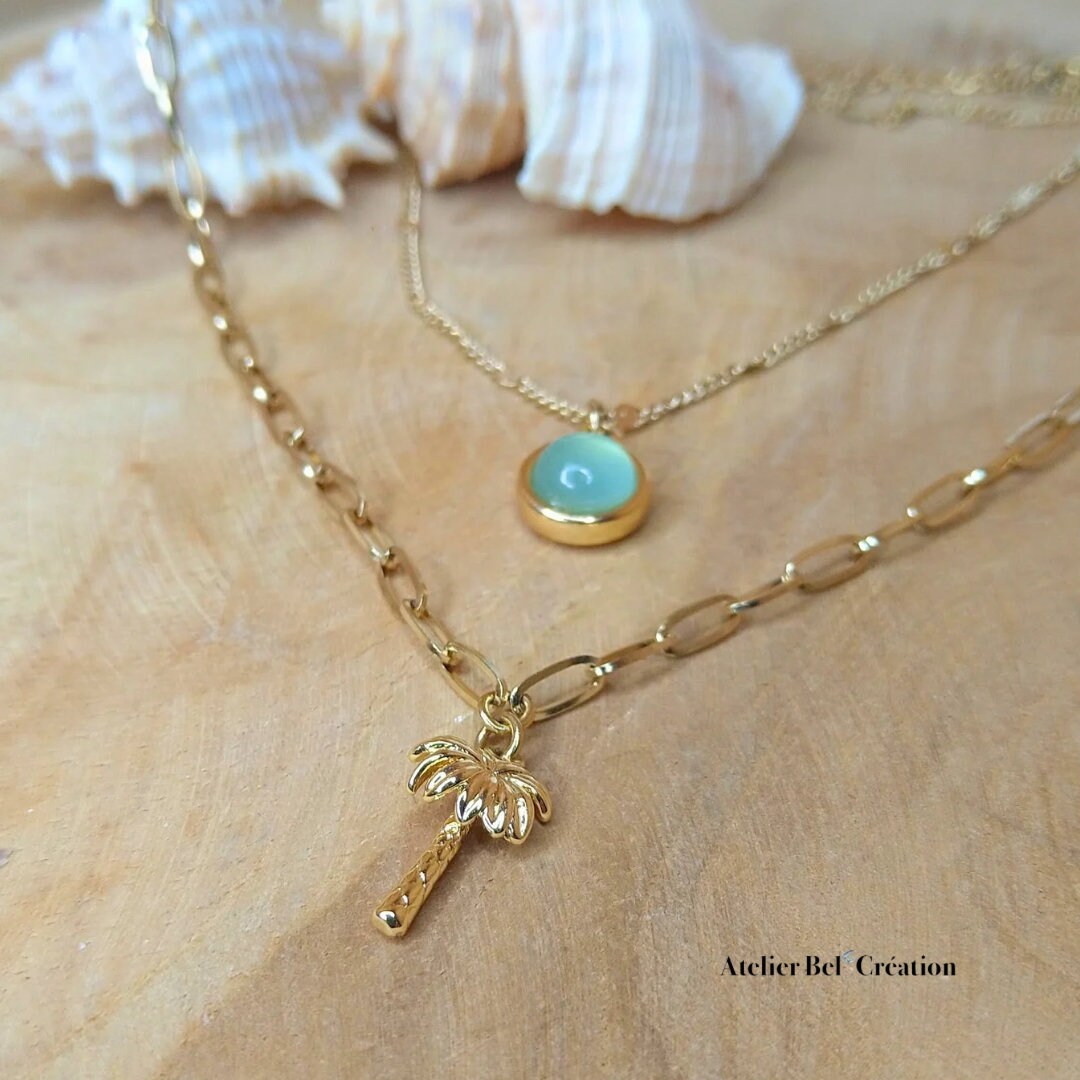 Blue necklace | golden stainless Stell Chain, blue opal, chalcedony