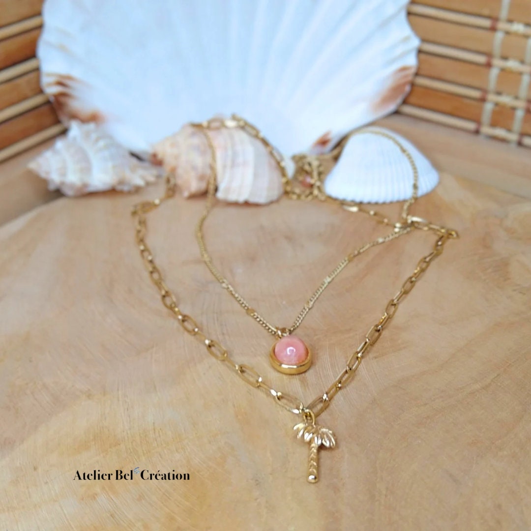 Pink necklace | golden stainless Stell Chain, pink opal, rhodochrosite, palm pendant