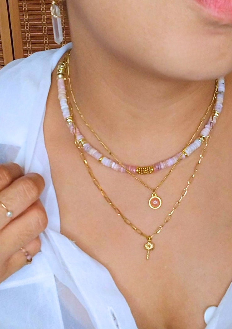 Pink necklace | golden stainless Stell Chain, pink opal, rhodochrosite, palm pendant