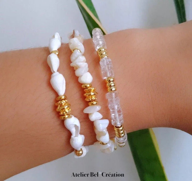 Bracelets coquillages et perles dorées, Atelier Bel’Création