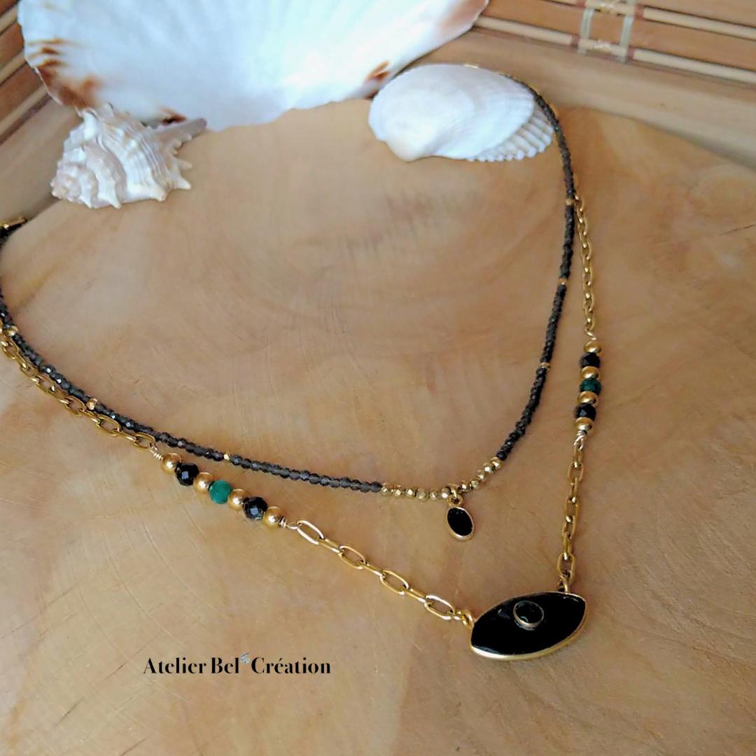 Necklace | Natural Obsidian gold stones, amulet eye
