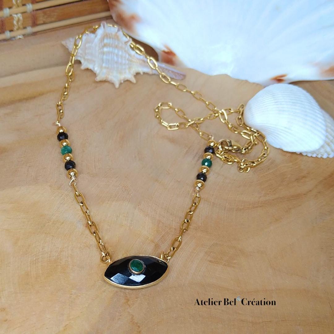Necklace | Natural Obsidian gold stones, amulet eye