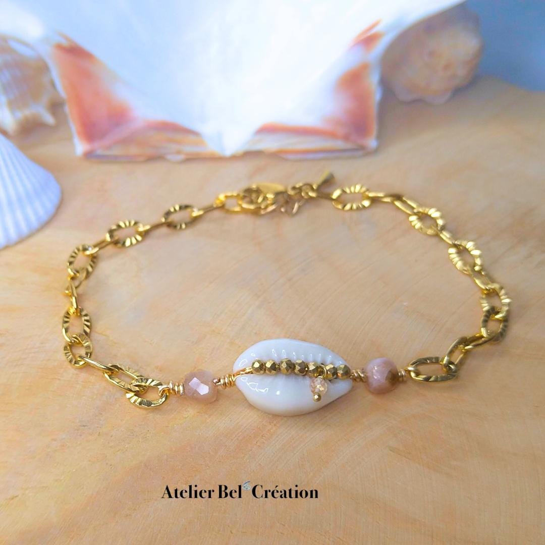 Natural gemstone Bracelets Orange moonstone, sunstone | stainless steel, shell