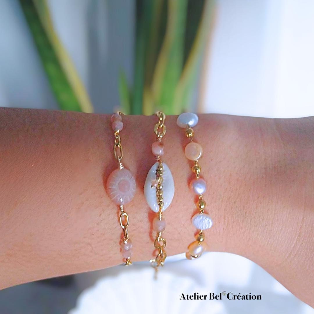Natural gemstone Bracelets Orange moonstone, sunstone | stainless steel, shell