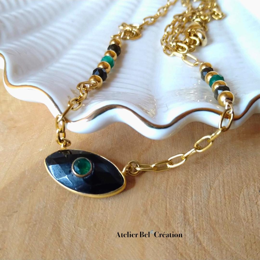 Necklace | Natural Obsidian gold stones, amulet eye