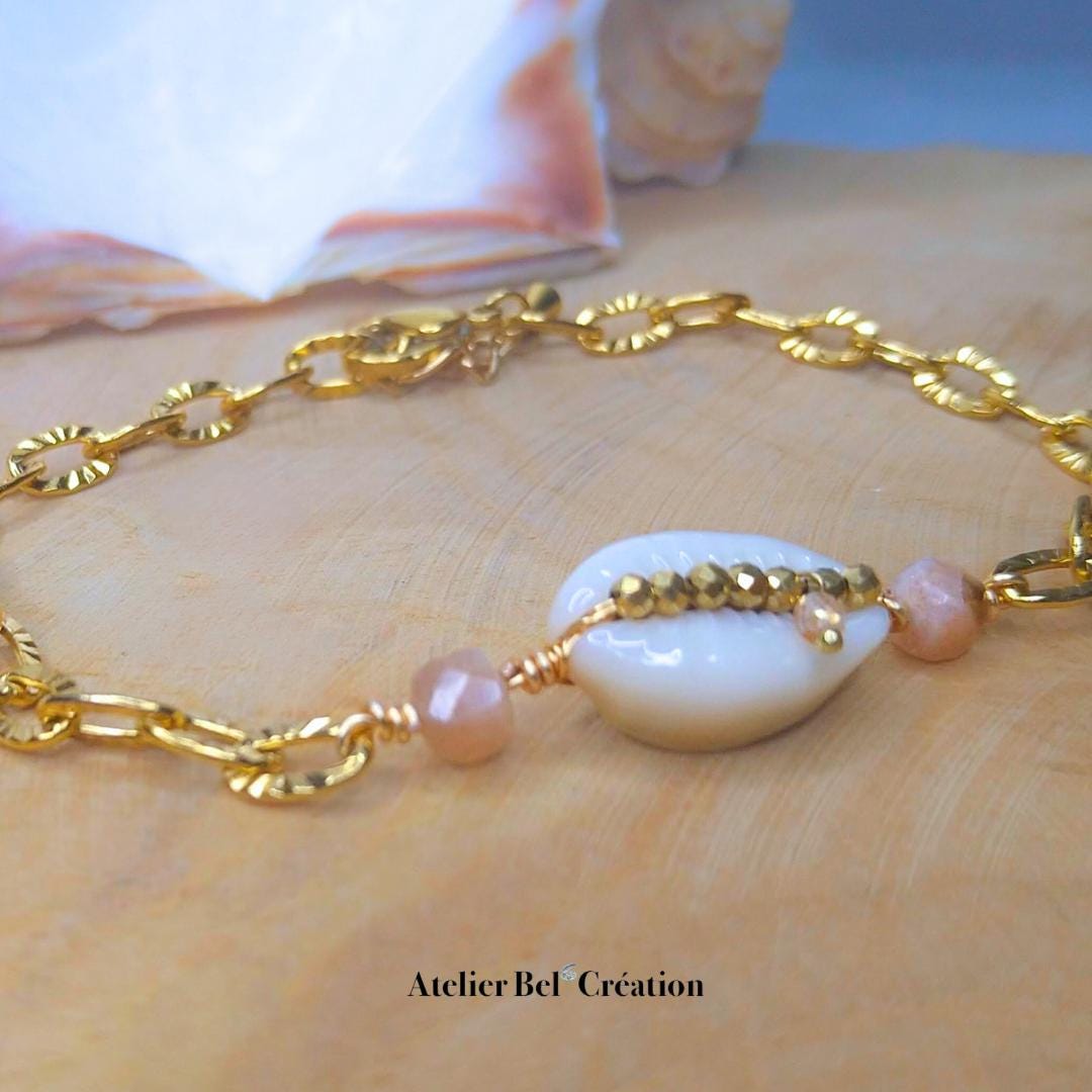 Natural gemstone Bracelets Orange moonstone, sunstone | stainless steel, shell