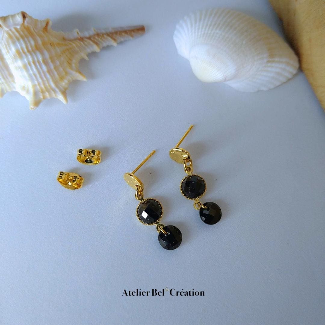 Dangling earrings Obsidian stones | golden stainless steel