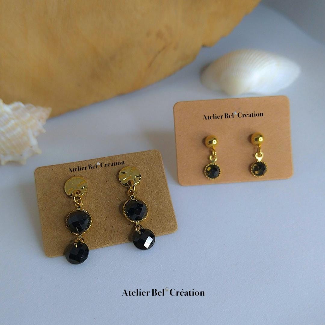 Dangling earrings Obsidian stones | golden stainless steel