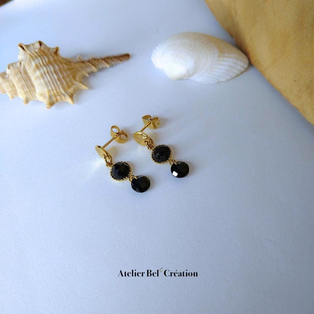Dangling earrings Obsidian stones | golden stainless steel