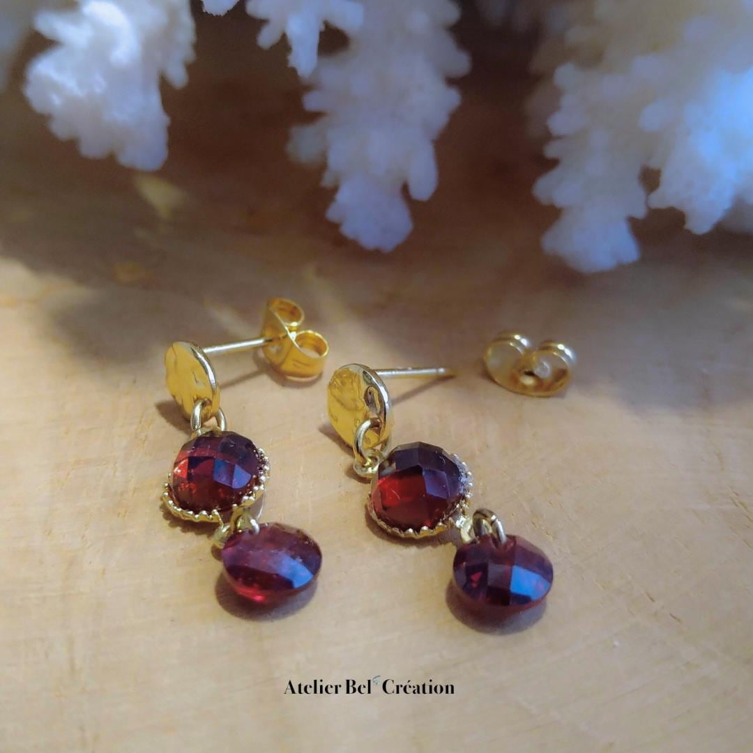 Dangling earrings Grenat stone | golden stainless steel