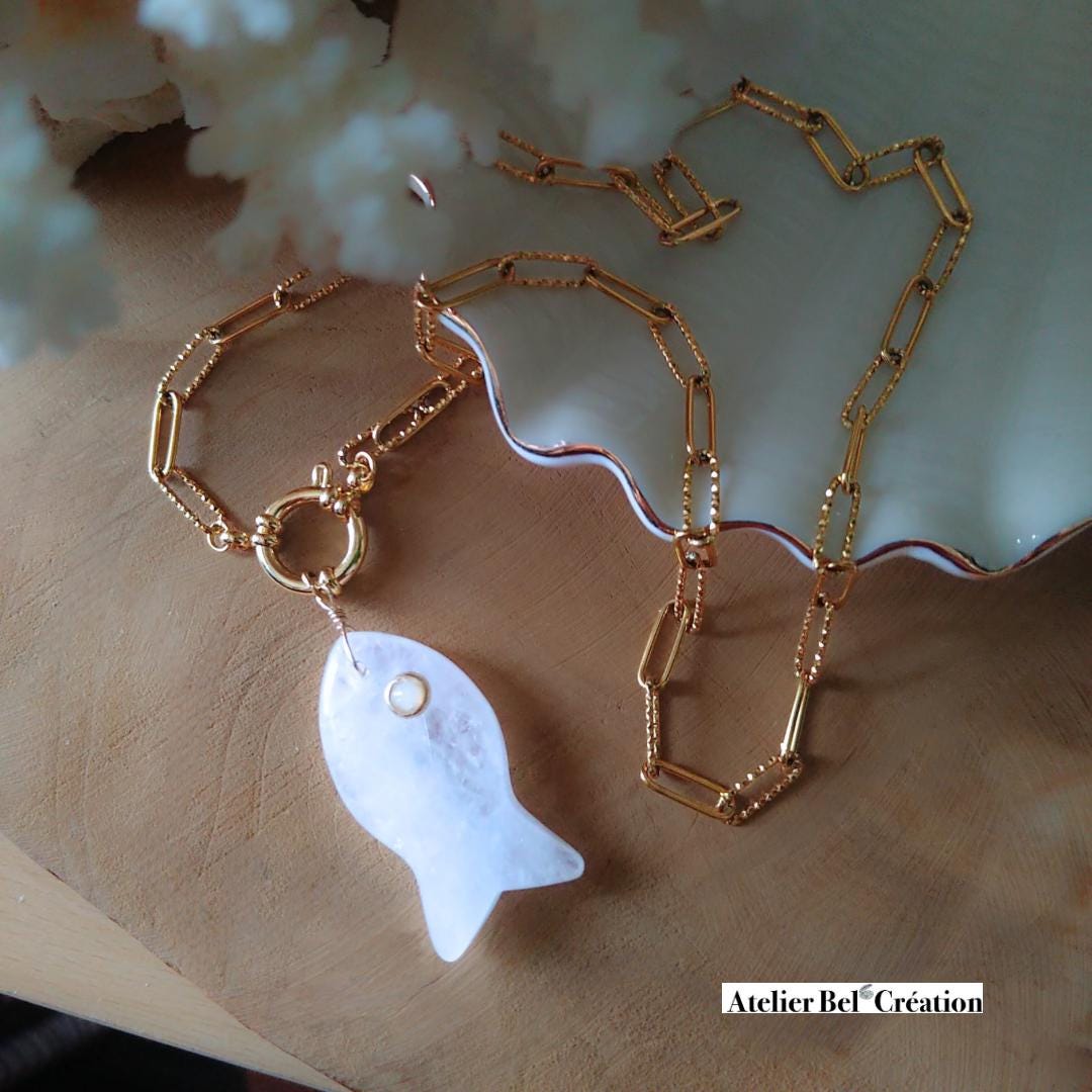 Clear stone Fish necklace | pendant, golden stainless steel