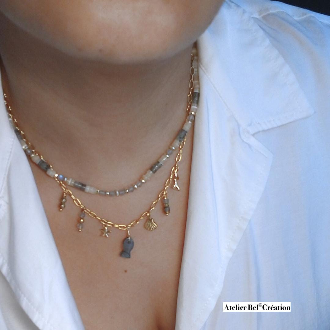 Labradorite necklaces | Natural stone, trendy charm necklace, heishi necklace, stone fish pendant, Gift jewelry