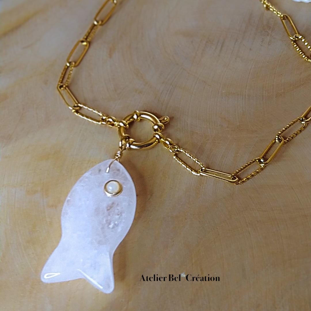 Clear stone Fish necklace | pendant, golden stainless steel