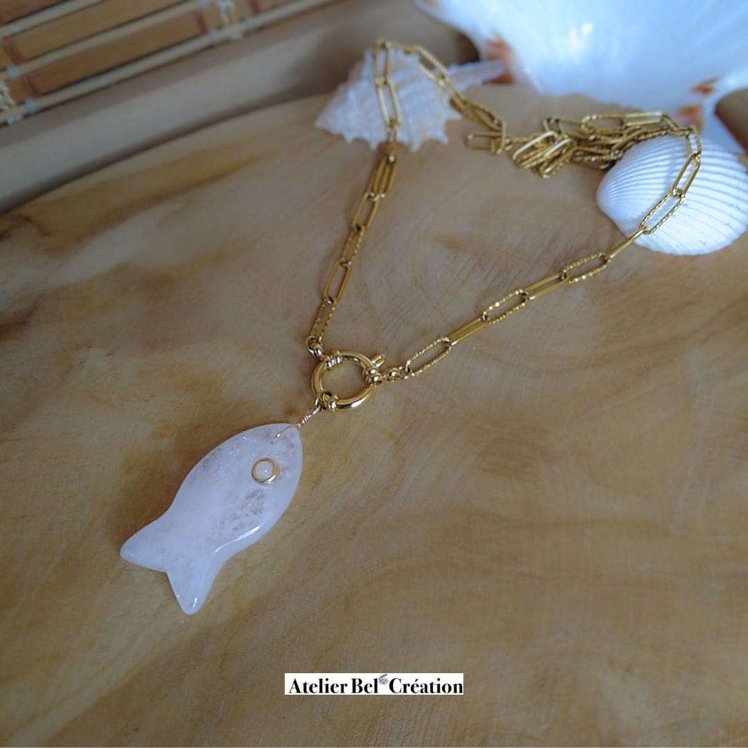 Clear stone Fish necklace | pendant, golden stainless steel