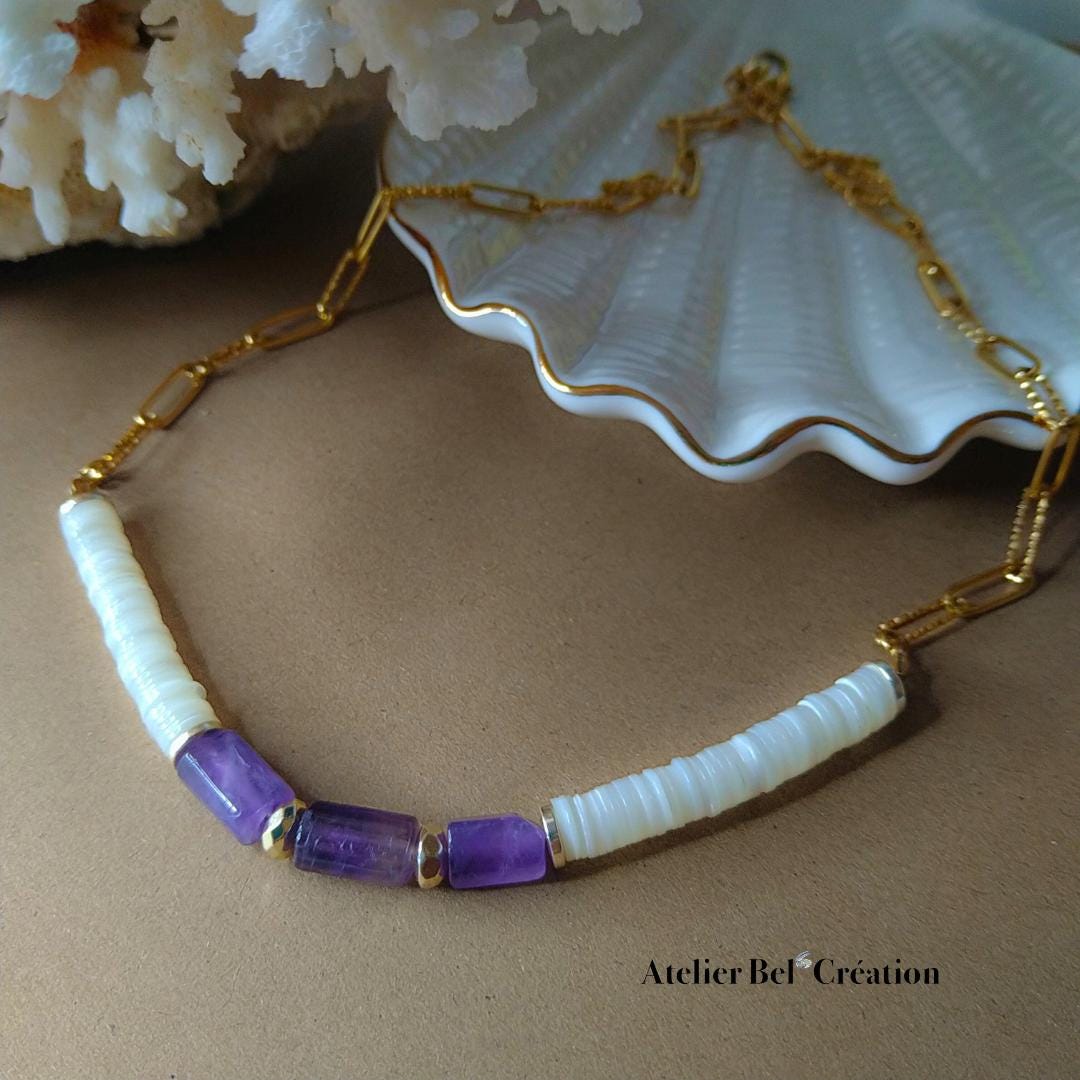 Amethyst gemstone Necklace | shell pendant, golden stainless steel chain, heishi necklace