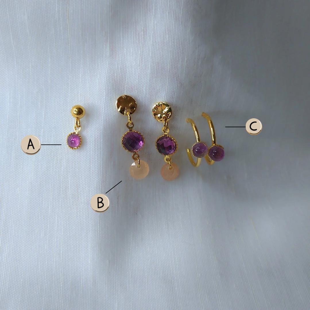 Amethyst stone Earrings | golden stainless steel, mono earring, dangling earring, hoop earrings, earrings studs