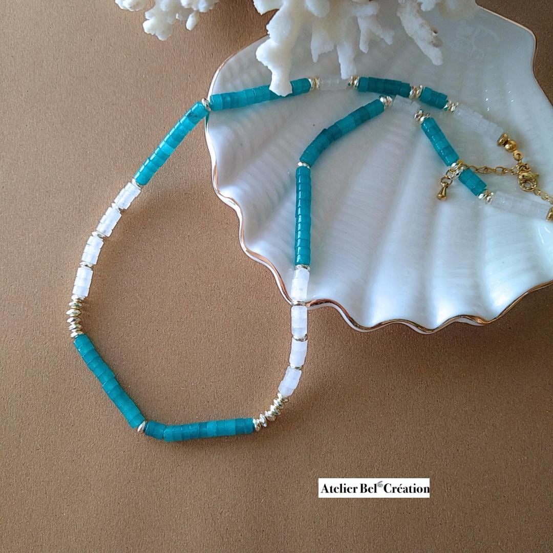Blue stone heishi necklace | surfer style, natural stone, fluorite, amazonite, apatite