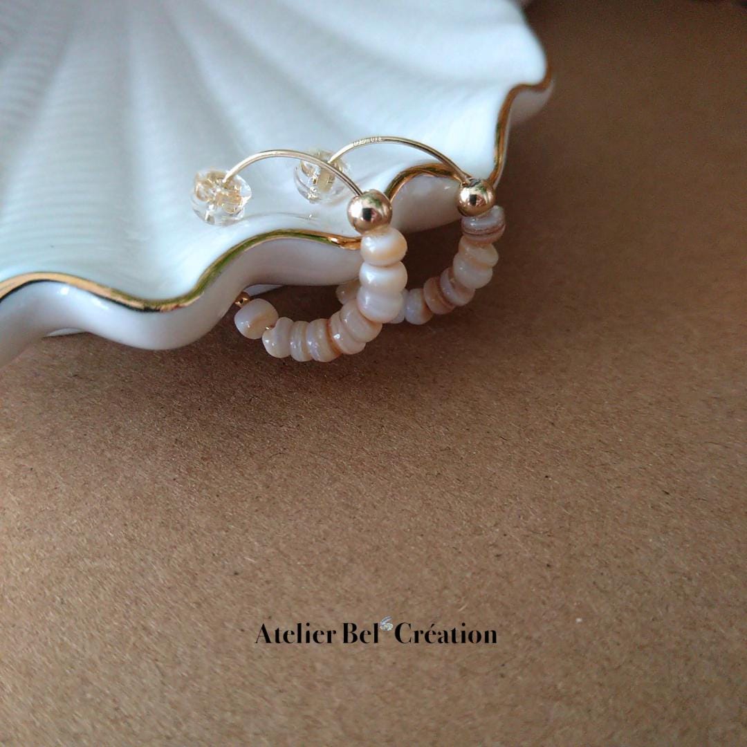 Shell hoops earrings, Mother of pearl earrings,14k Gold filled huggie hoops, beachy earrings
