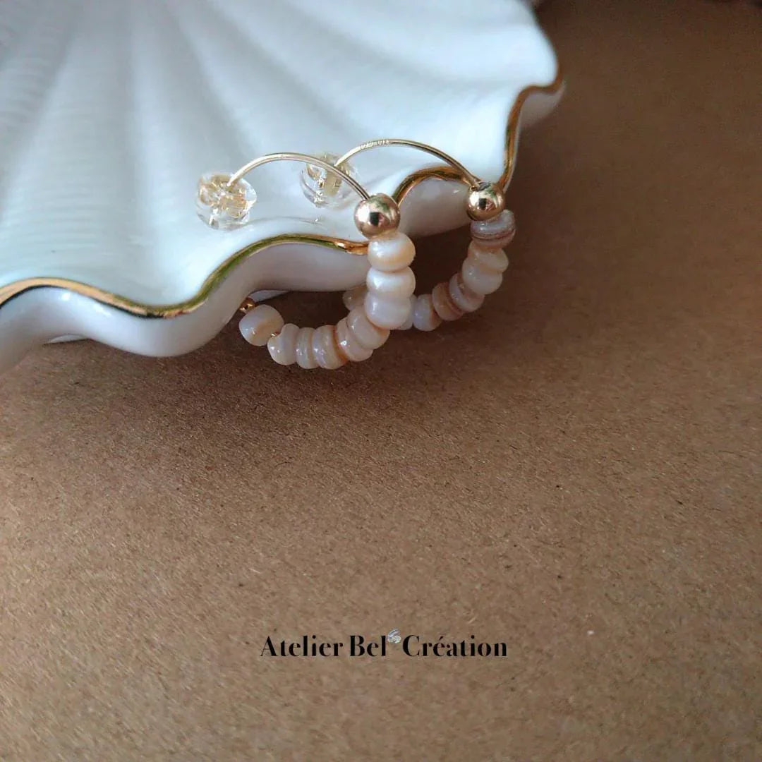Shell hoops earrings, Mother of pearl earrings,14k Gold filled huggie hoops, beachy earrings