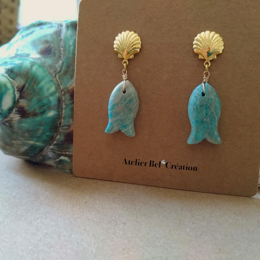 Fish drop earring, shell studs with amazonite gemme stone, gold plated earrings