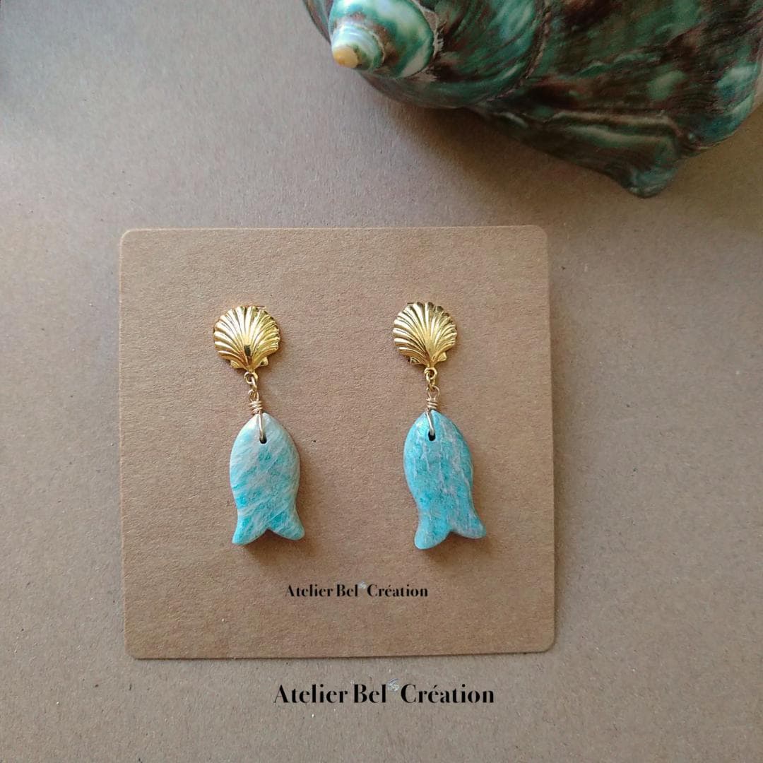 Fish drop earring, shell studs with amazonite gemme stone, gold plated earrings