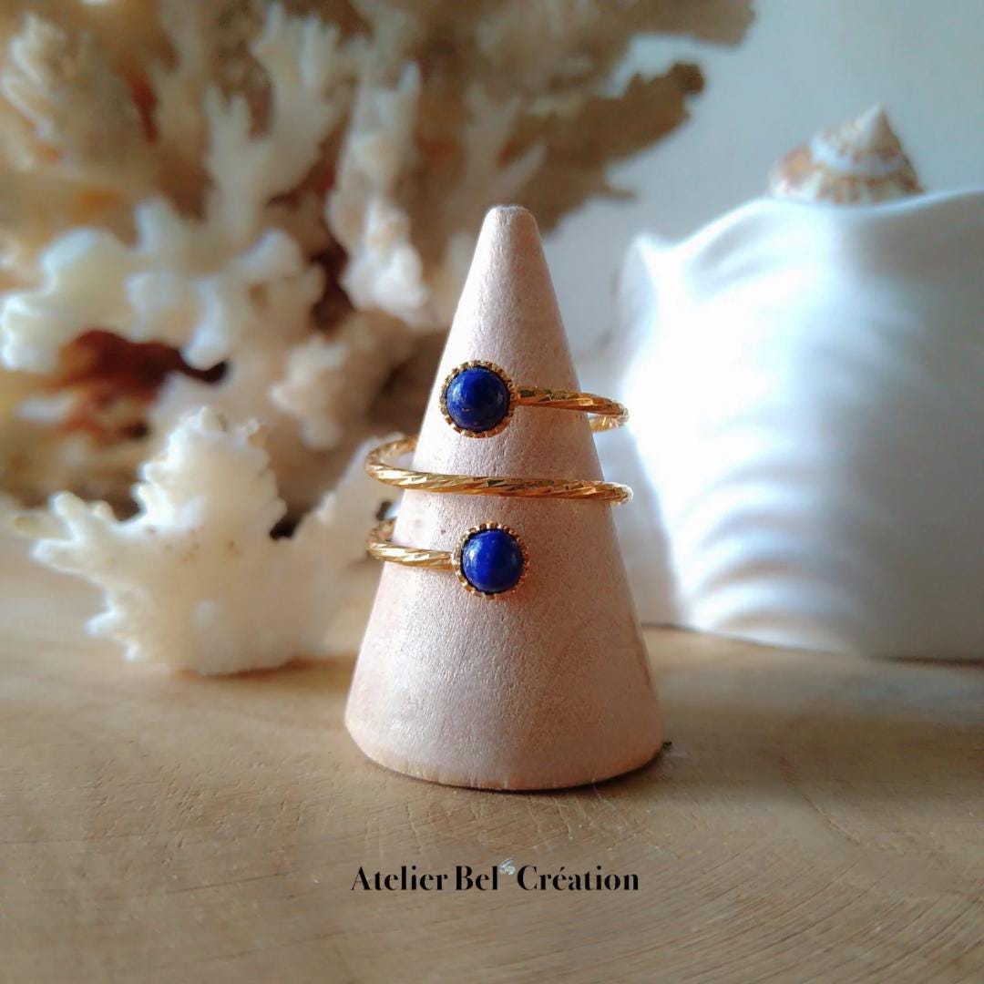 Spiral Ring Lapis Lazuli gemstone, golden brass brass