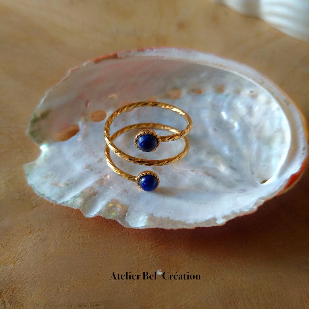 Spiral Ring Lapis Lazuli gemstone, golden brass brass