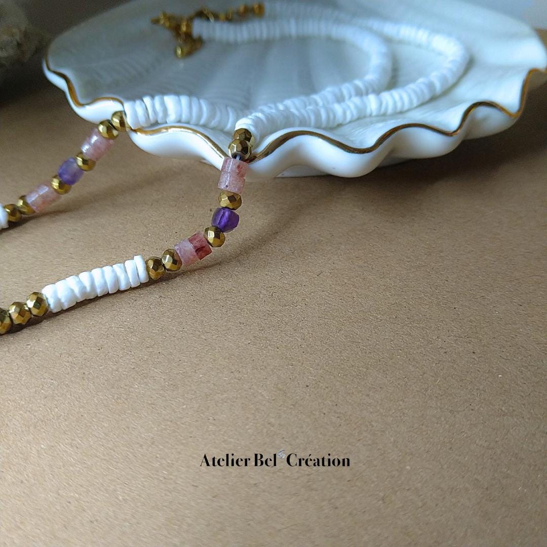 Amethyst gemstone Necklace | shell pendant, golden stainless steel chain, heishi necklace