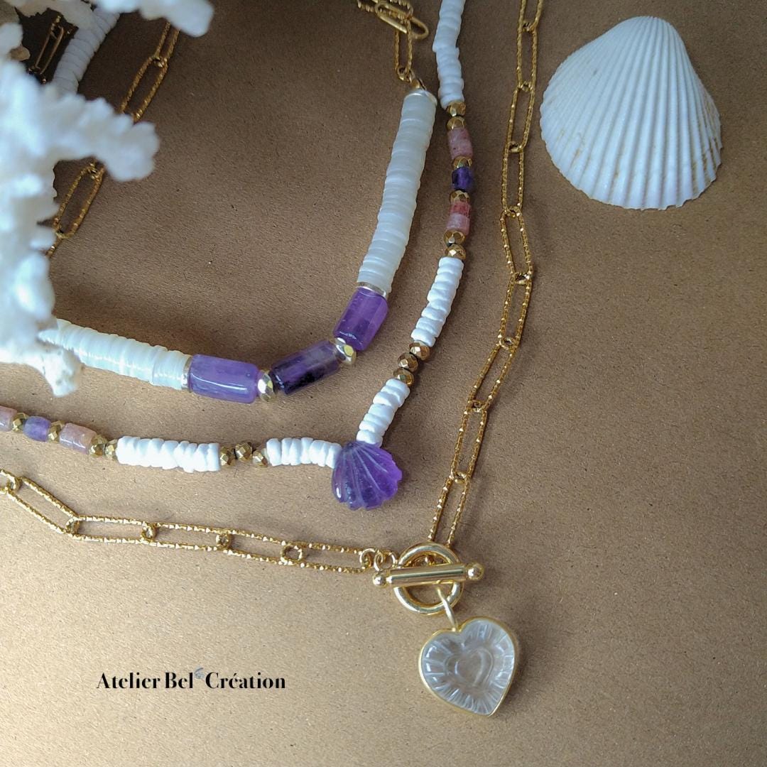 Amethyst gemstone Necklace | shell pendant, golden stainless steel chain, heishi necklace