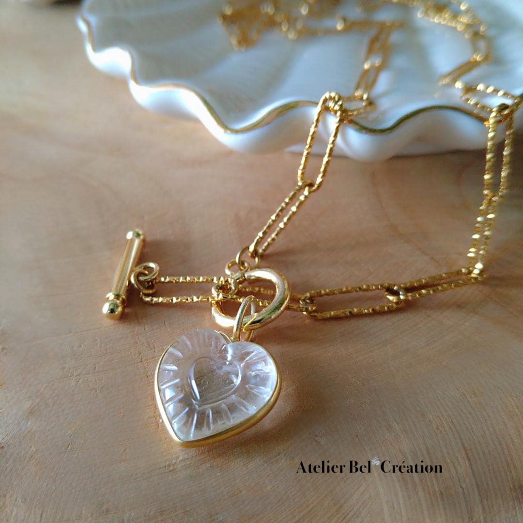 Amethyst gemstone Necklace | shell pendant, golden stainless steel chain, heishi necklace