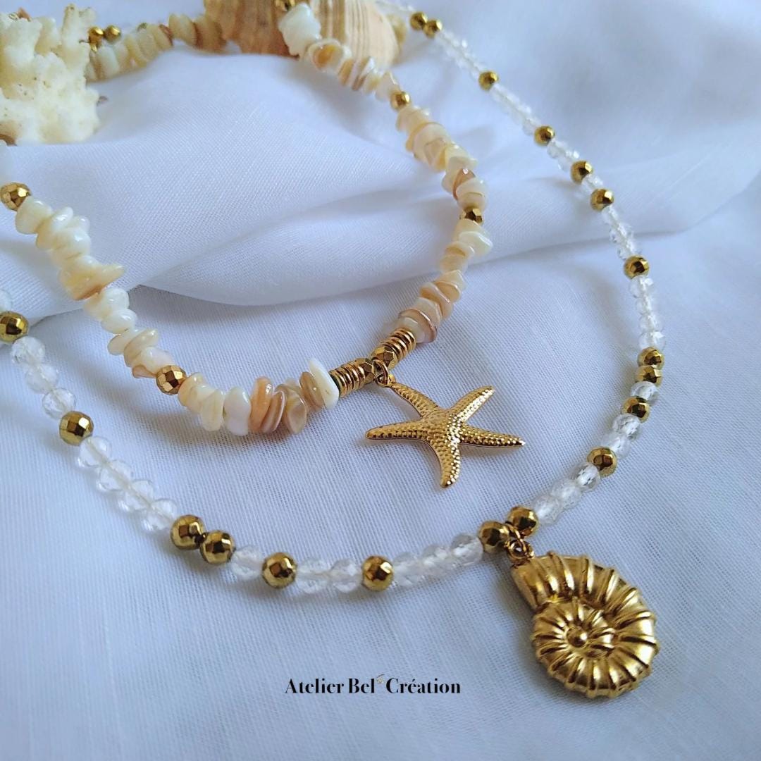 Summer gemstone necklaces | golden chain, shell, clear stone