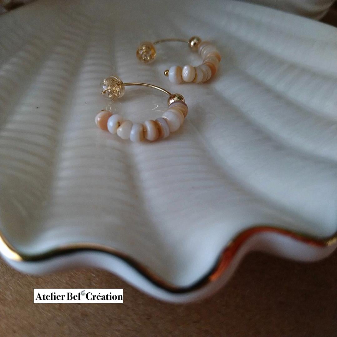 Shell hoops earrings, Mother of pearl earrings,14k Gold filled huggie hoops, beachy earrings