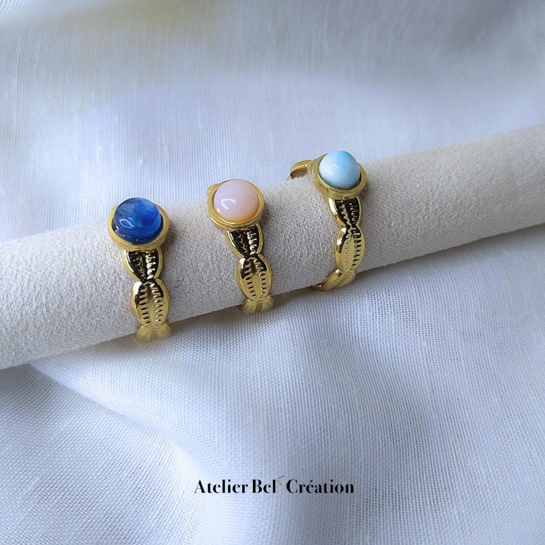Open Ring cowrie shell, gemstone | golden stainless steel